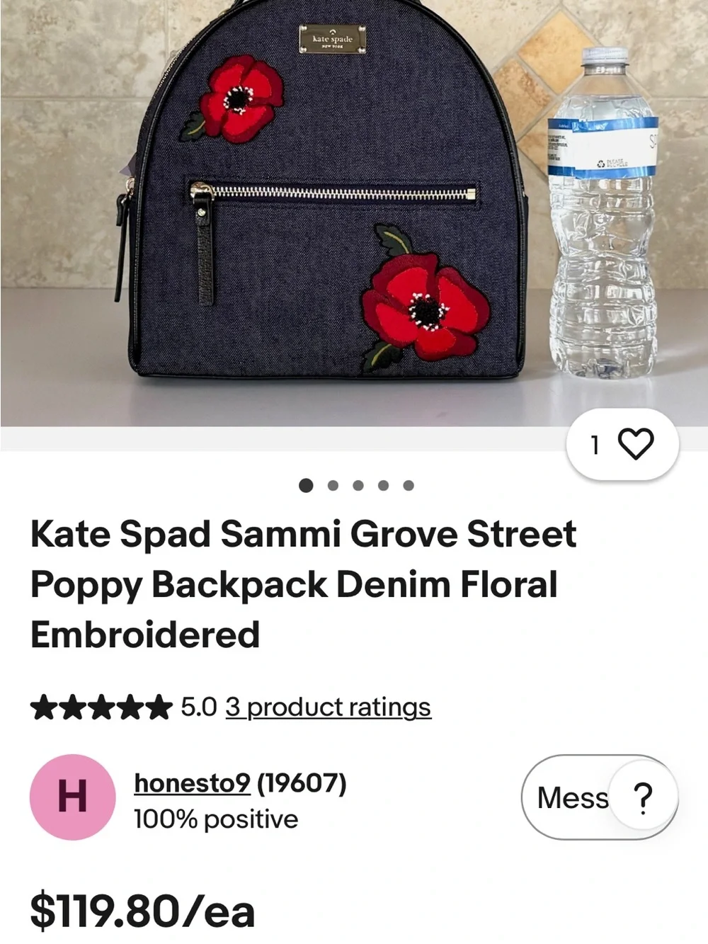 kate spade Grove Street Poppy Dark Denim Mini Backpack with Red Floral Appliqués